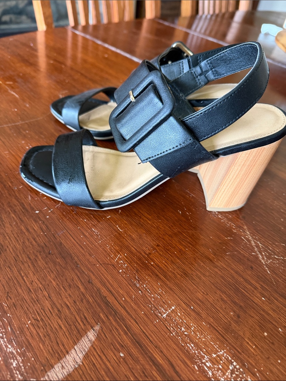 LC Lauren Conrad Black Strappy Sandals with Wood-Look Block Heel